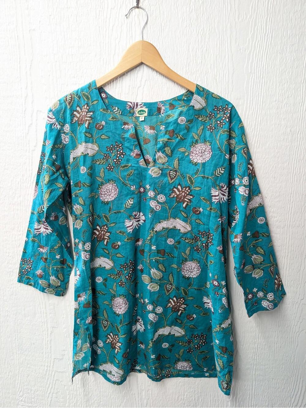 DOLMA Floral 100% Cotton Lightweight Tunic Top Shirt Travel Boho Hippie Small